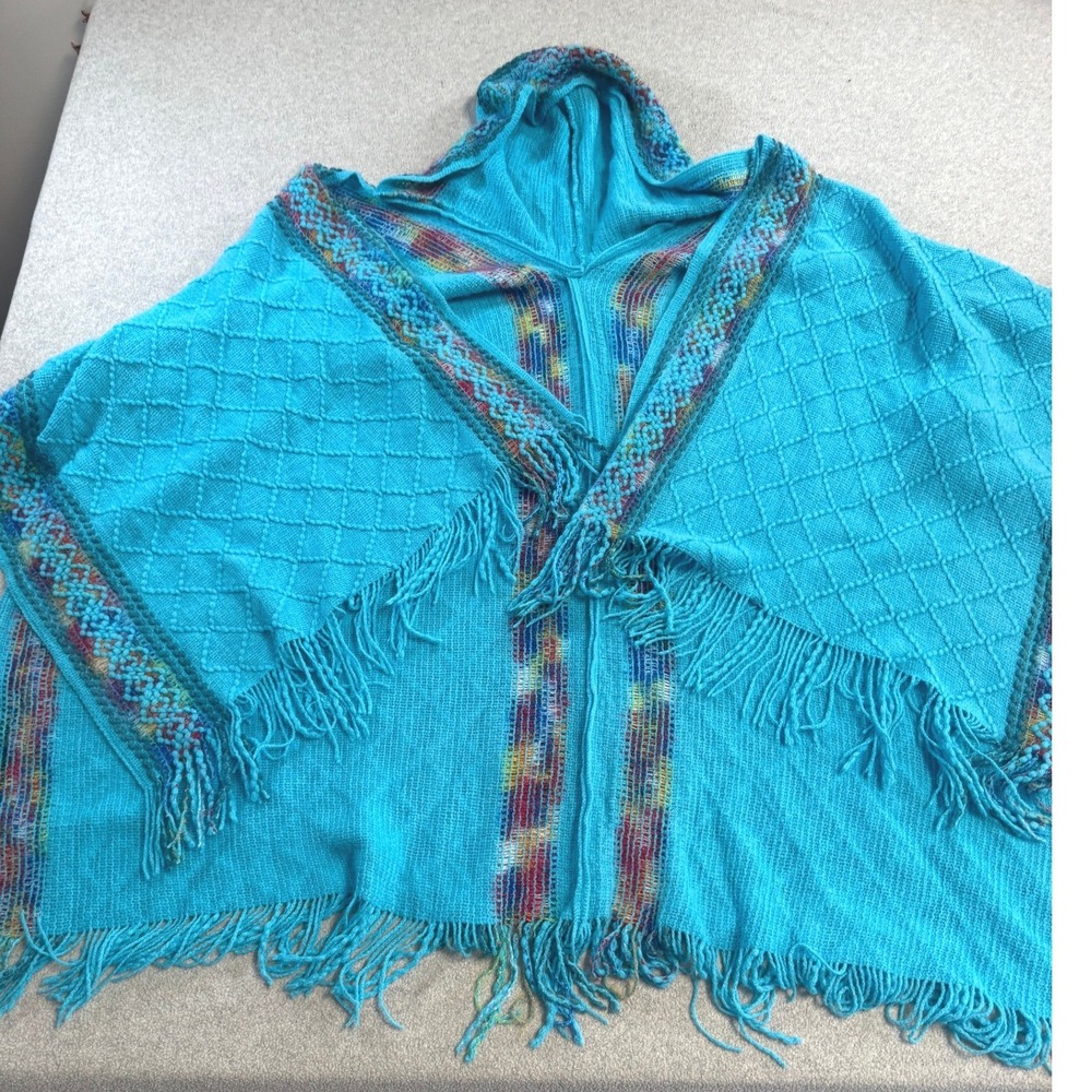 Handmade Boho Hooded Poncho Shawl Turquoise Fringe Artisan‎ Festival Hippie Wrap